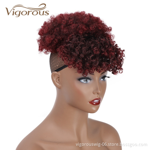 Vigorous High Quality Cheap Price Ombre Burgundy Bang Ponytail Kinky Curly Chignon Fiber For Black Women Synthetic Afro Hair Bun